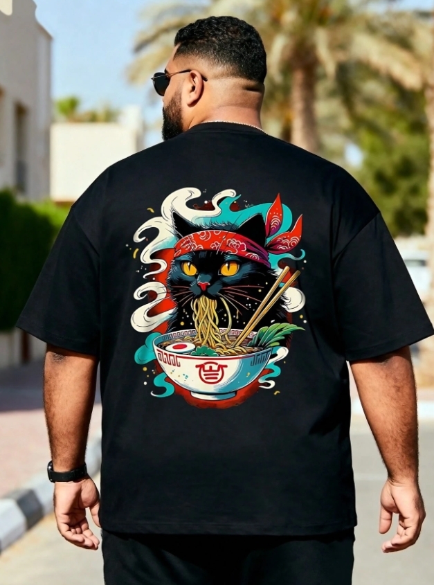 KADMAX大尺碼-大碼男貓咪拉麵印花短袖TEE〈KSMS2768〉