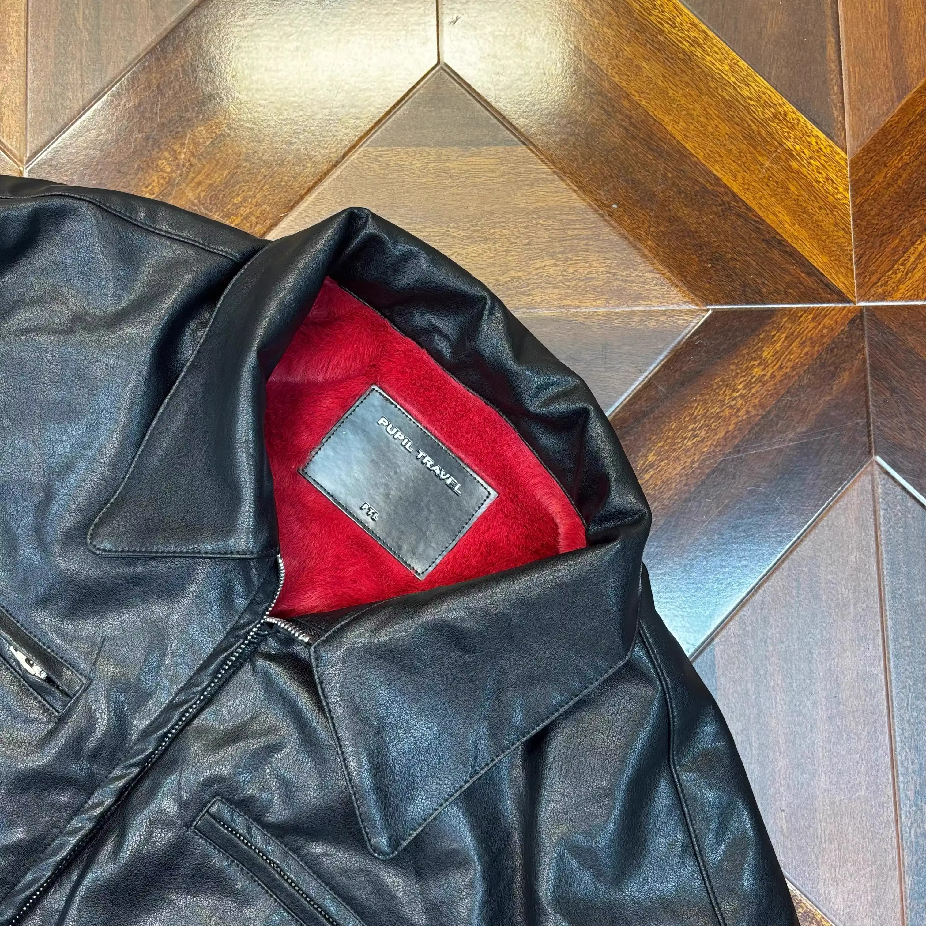 PTL 仿紅兔毛PU皮夾克機車外套