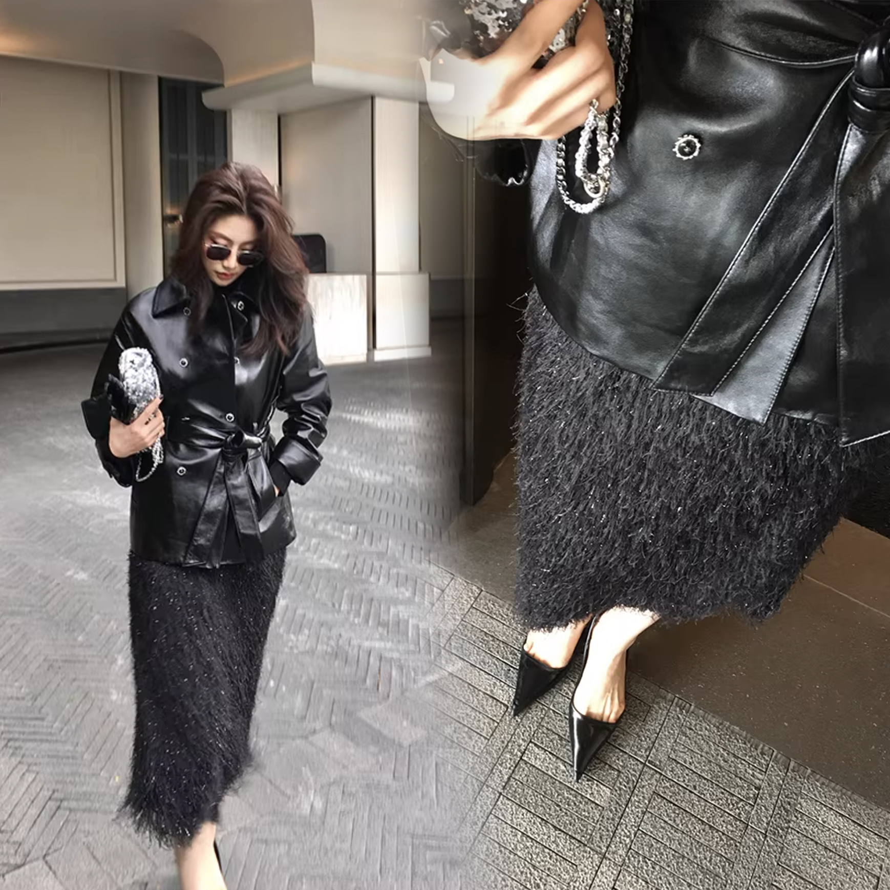 經典黑立體流蘇造型鉛筆裙長裙-S-XL (Elegant & Love)