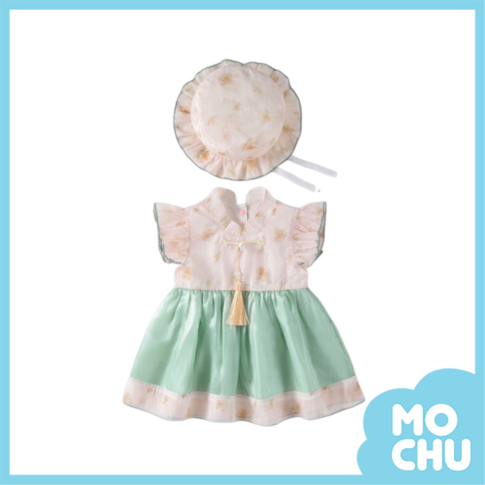 淡雅花朵結釦拼色連身裙(二色)