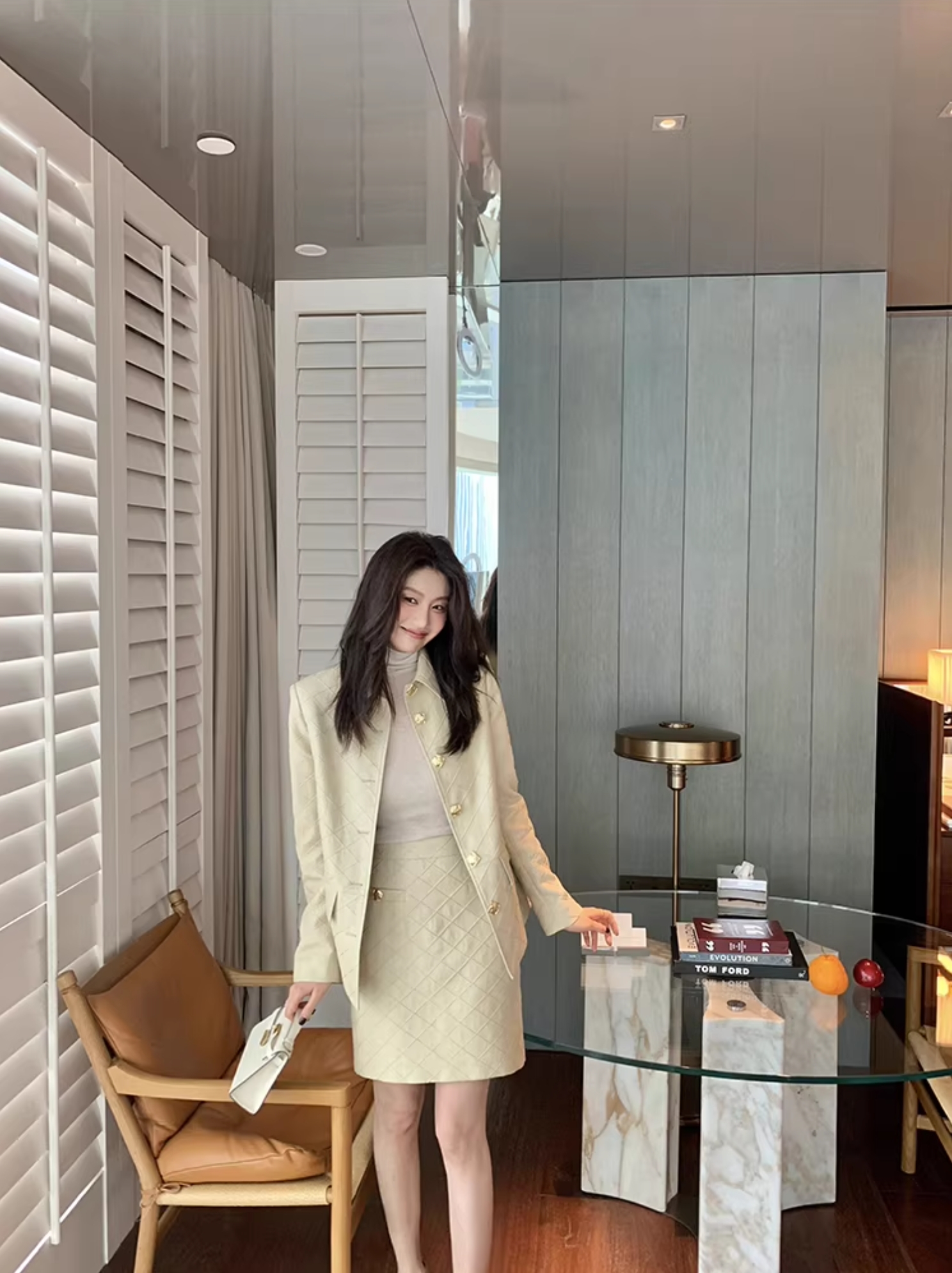 菱格壓紋翻領PU皮革外套+鉛筆裙SET-S-XL / 2色 (Elegant & Love)