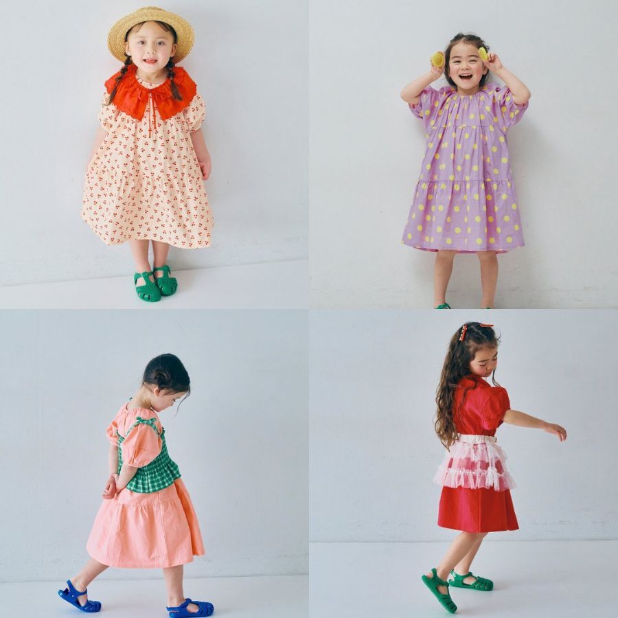 日本 90-140 泡泡袖印花洋裝 7色