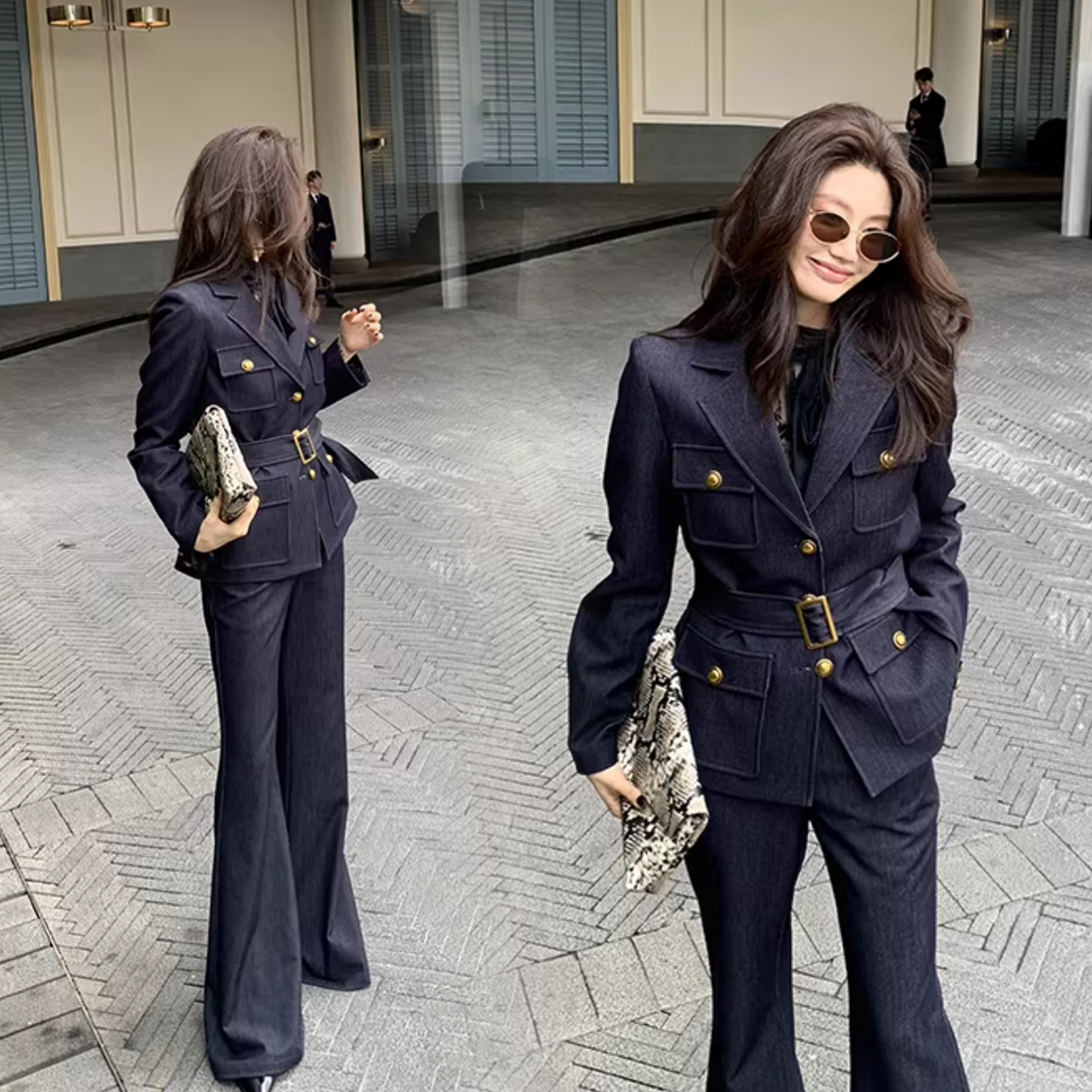 附腰帶深藍V領牛仔外套+喇叭牛仔褲SET-S-XL (Elegant & Love)