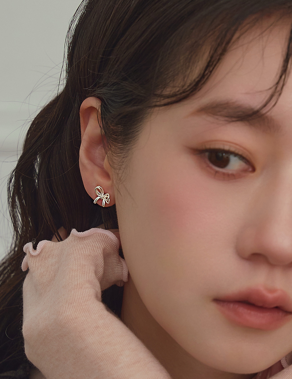 銀線蝴蝶結。針式耳環