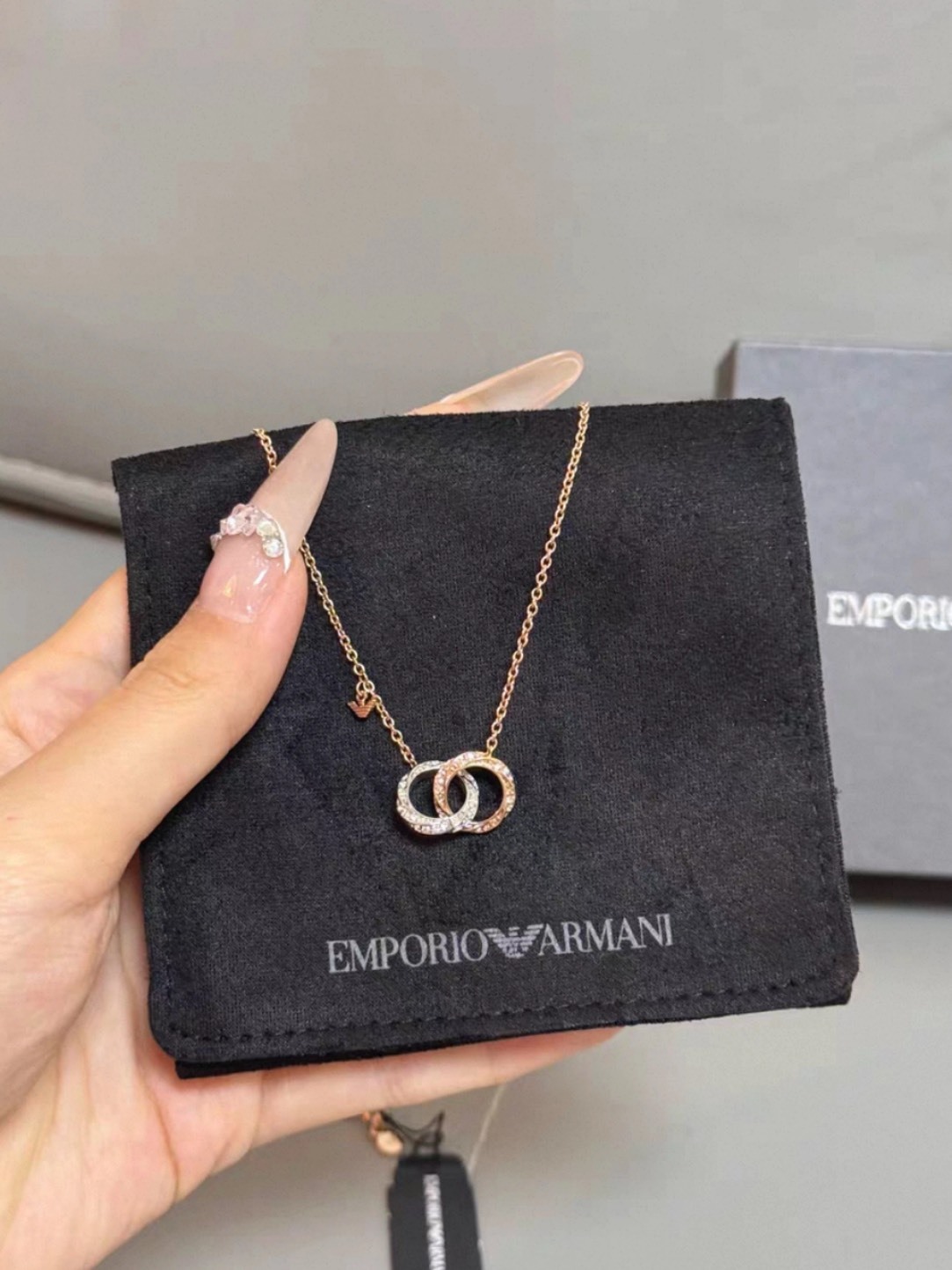 EMPORIO ARMANI 雙環 鑲鑽 項鍊