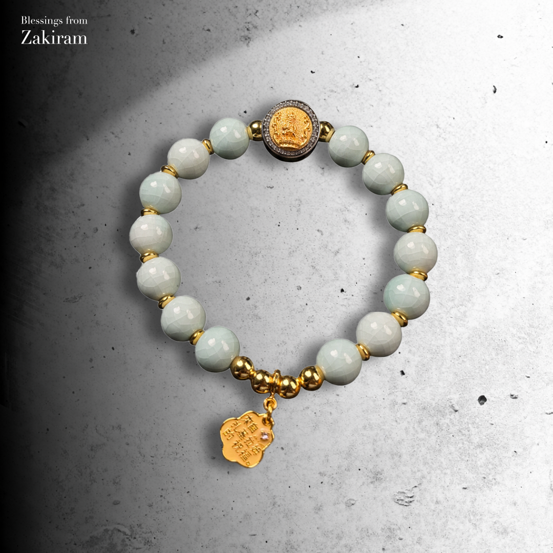 靈赫宮 黑財神 冰裂藍 瓷珠手串（淺藍）