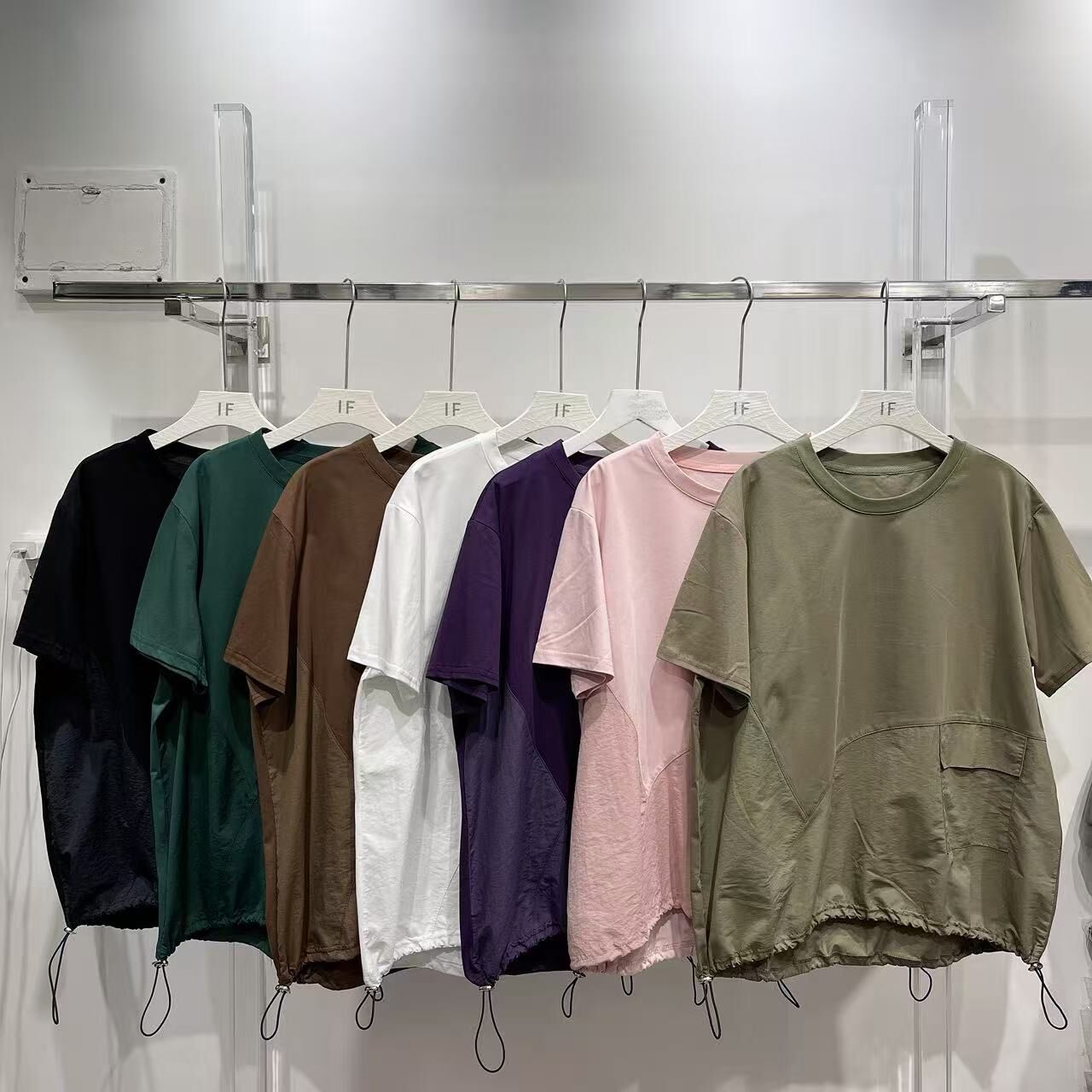 ⭐️⭐️【預訂】不規則風衣料拼布索繩腳口袋棉TOP (E50-E56)