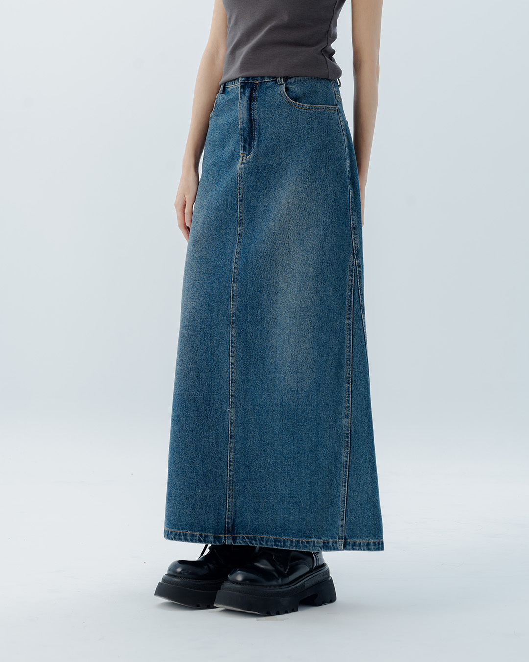 Side-slit washed denim maxi skirt, S/M/L【03021694】in stock+pre-order
