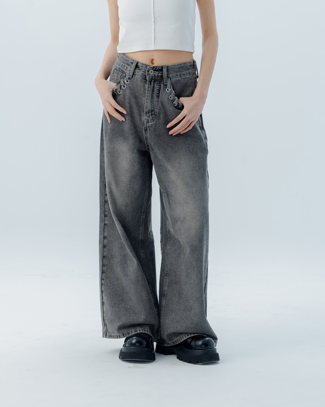 Woven pocket design washed denim jeans XS/S/M/L【04011861】in stock+pre-order