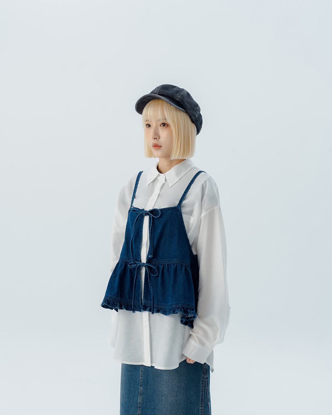 Reversible design tie-up denim cover-up vest【01099312】in stock+pre-order