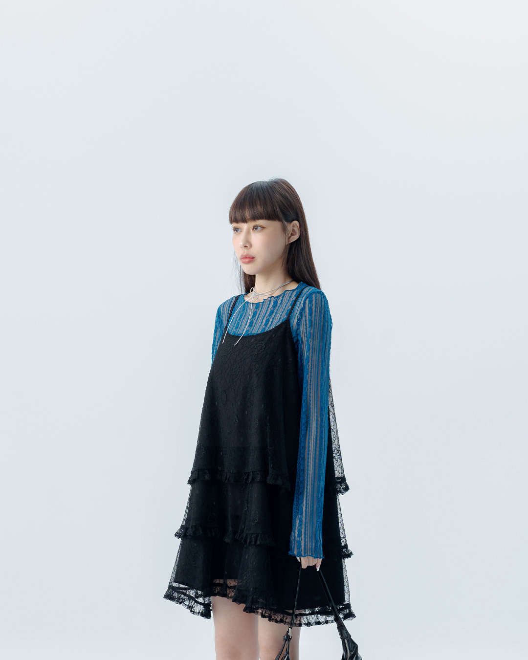 Lace ruffled tiered spaghetti strap mini dress, available in two colors.【01087266】in stock+pre-order