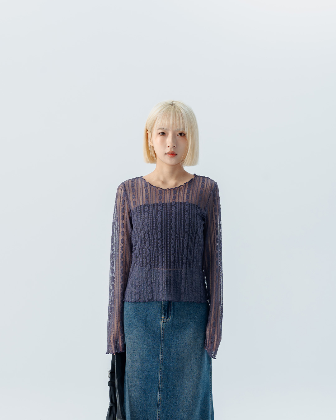 Lace sheer ruffled wide neckline top - purple S/M【01099486】in stock+pre-order