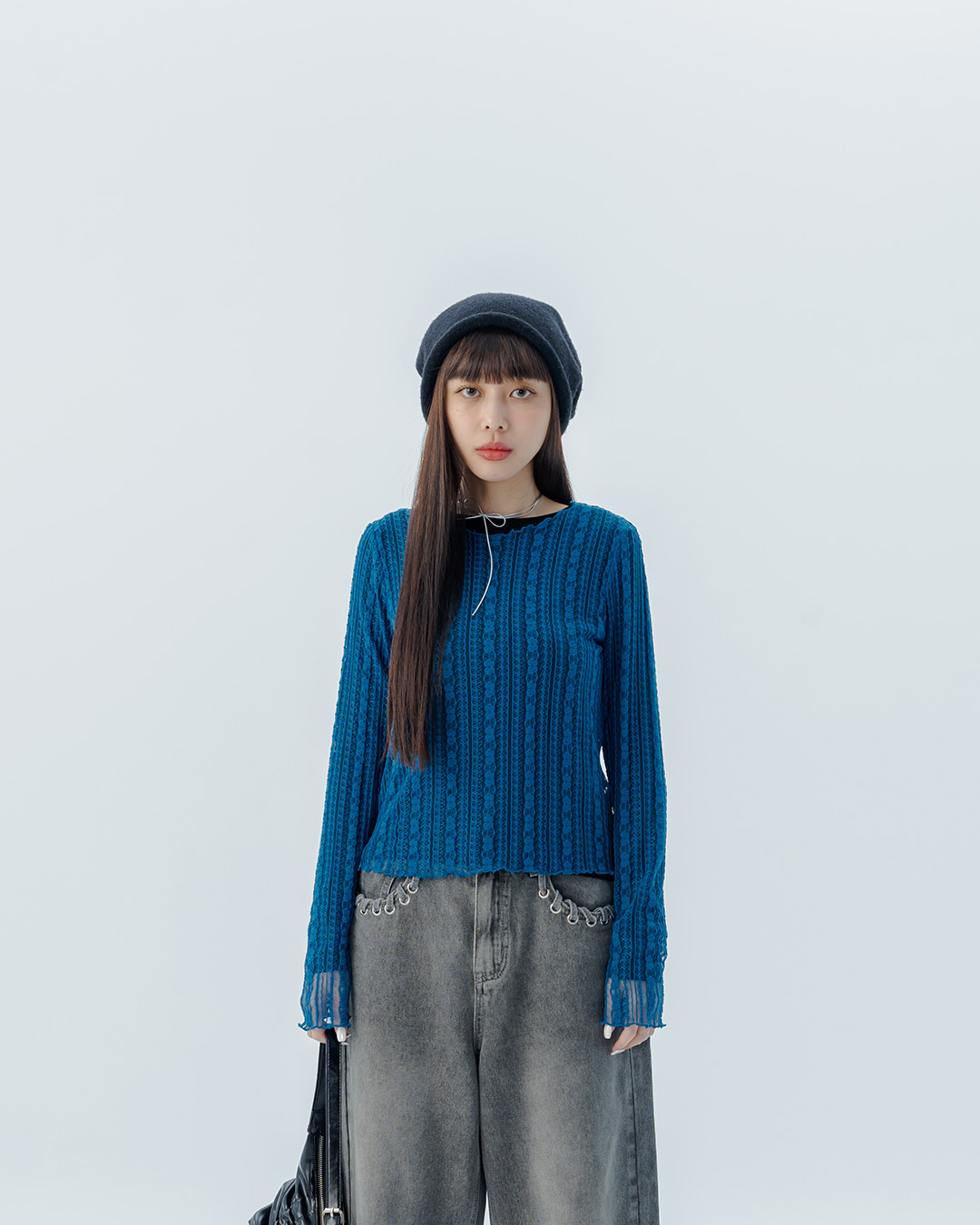 Lace sheer ruffled wide neck top - blue S/M【01099485】in stock+pre-order