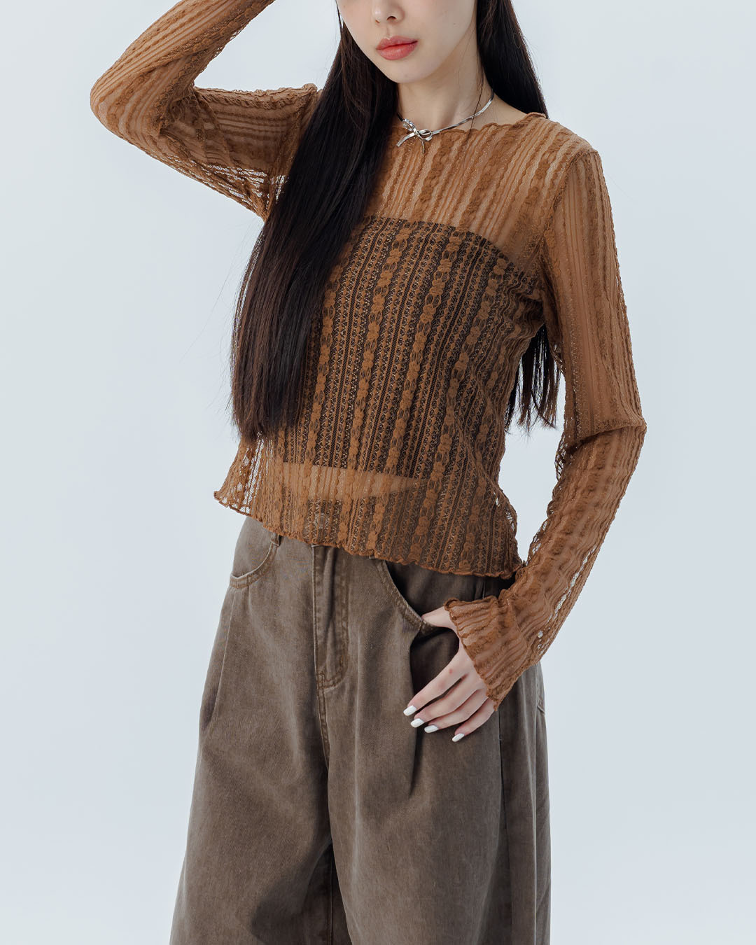 Lace sheer ruffled wide neckline top - brown S/M【01099484】in stock+pre-order