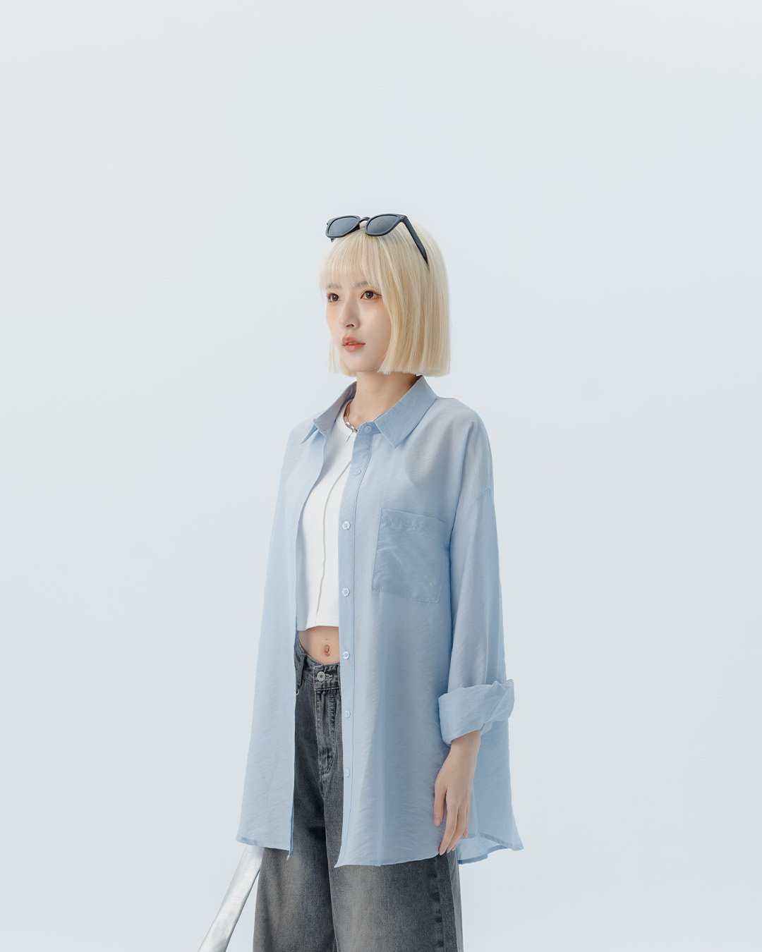 Basic, plain, wide-leg, slightly sheer long-sleeved shirt, available in five colors.【01025725】in stock+pre-order