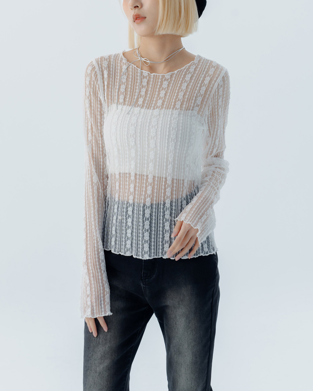 Lace sheer ruffled wide neckline top - white S/M【01099483】in stock+pre-order