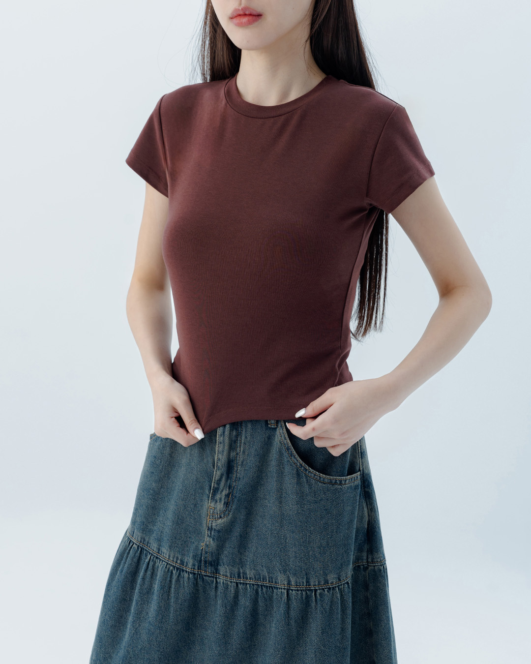 Plain round neck elastic shoulder fitted top, available in four colors, S/M【01099504】in stock+pre-order