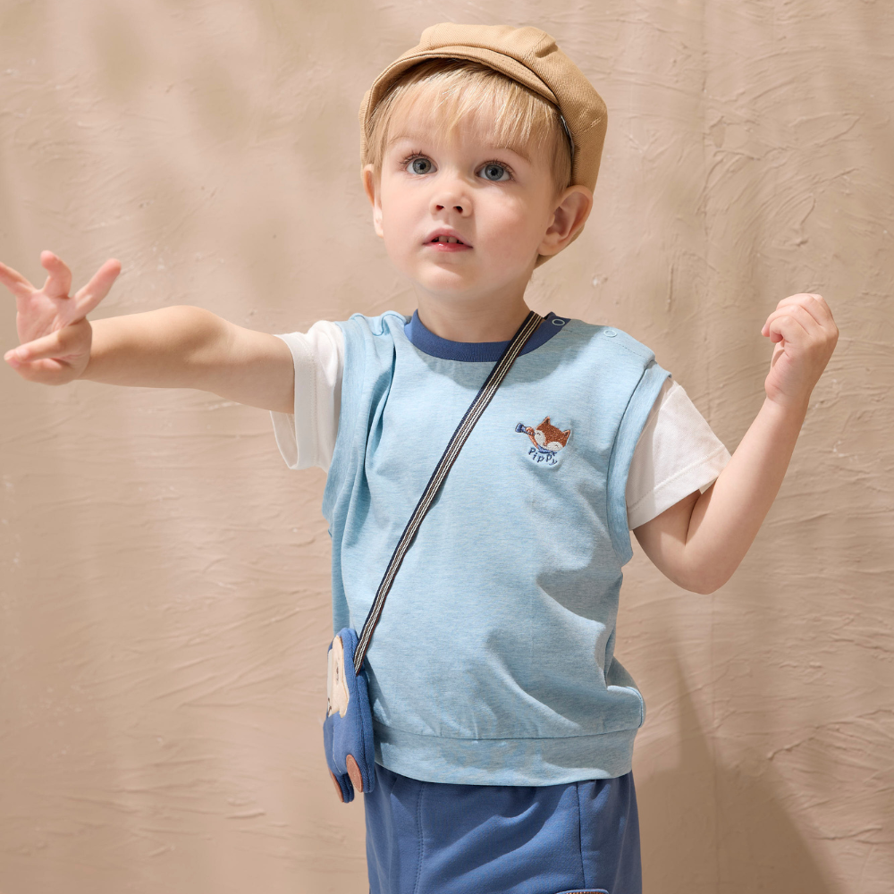 PIPPY悠閒立體開車小熊織帶包假兩件式短袖上衣 藍