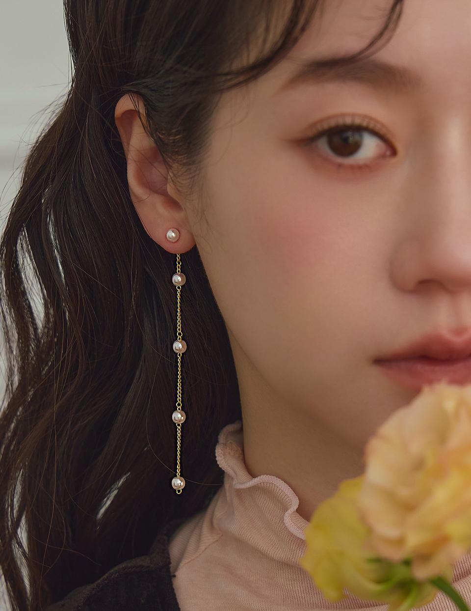 吊墜珍珠兩戴式。針式耳環(金)