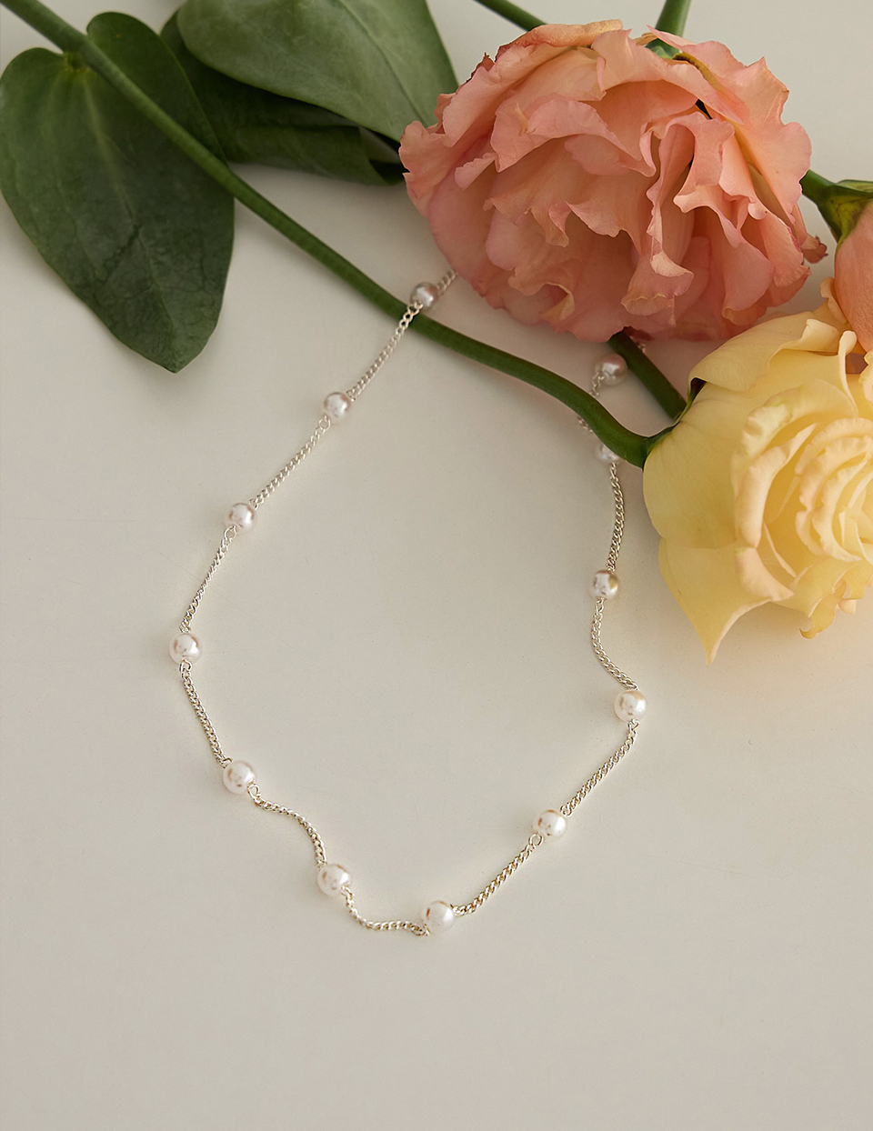 微光珍珠串鎖骨鍊(銀)