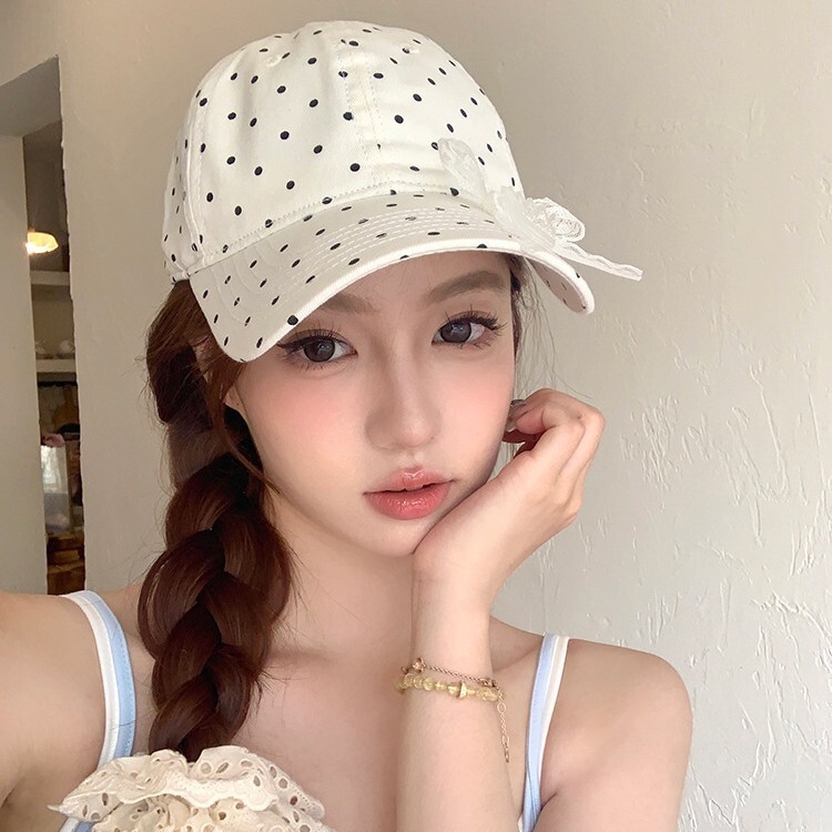 Korean-Style Polka Dot Bow Lace Cap