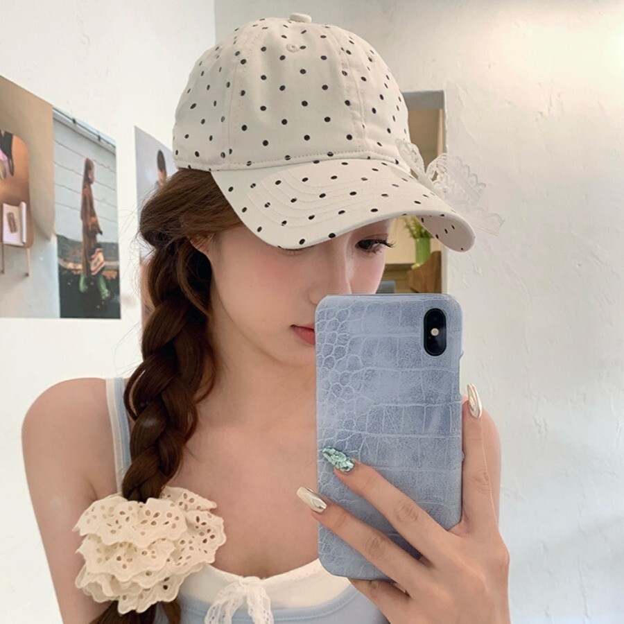 Korean-Style Polka Dot Bow Lace Cap