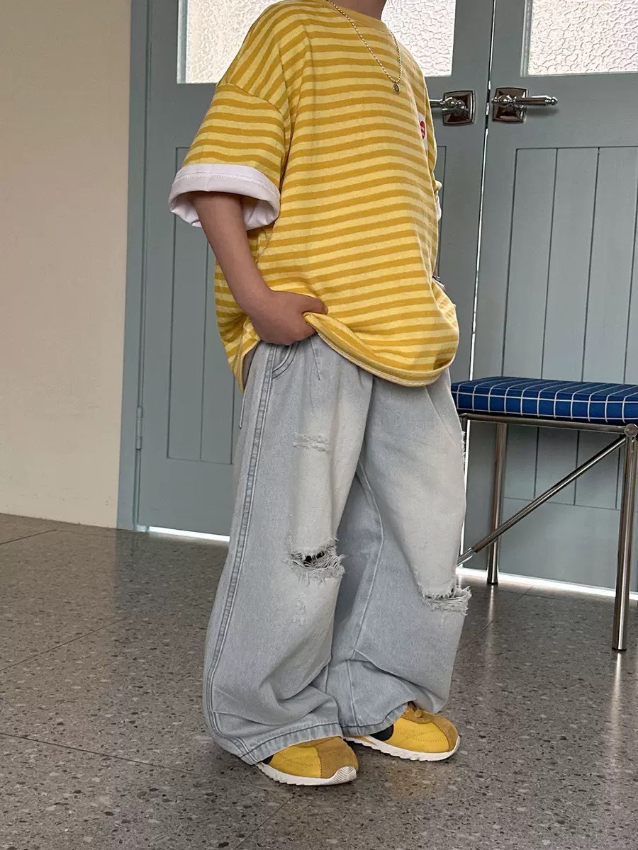 水洗刷破牛仔寬褲