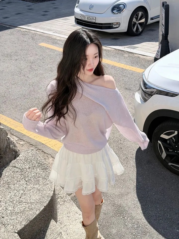 【優惠預訂】韓國仙氣單肩針織上衣（5色）