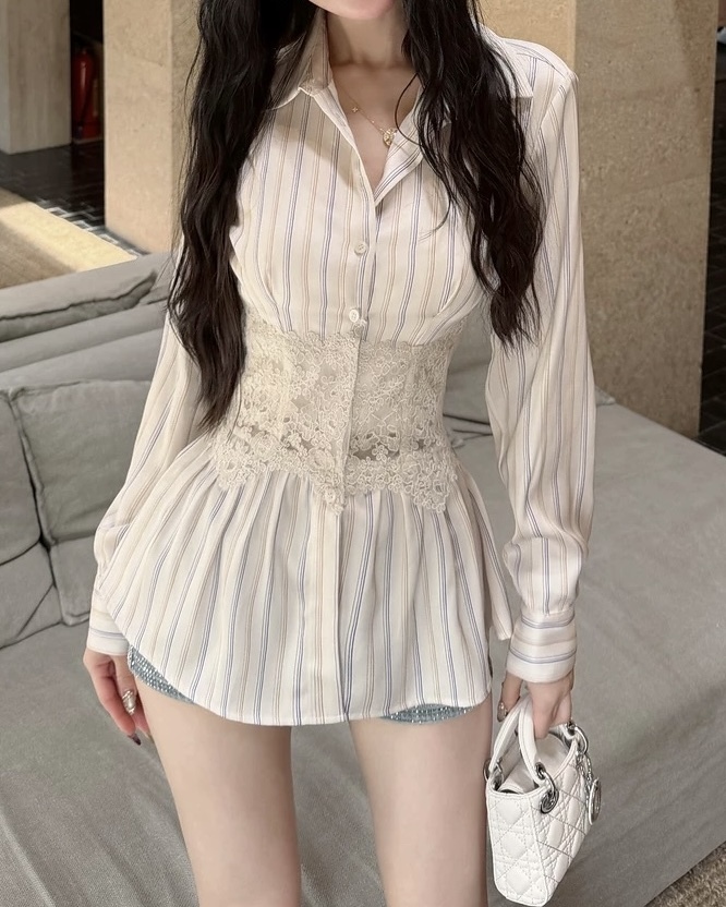 設計師家腰拼接蕾絲馬甲感到長版上衣