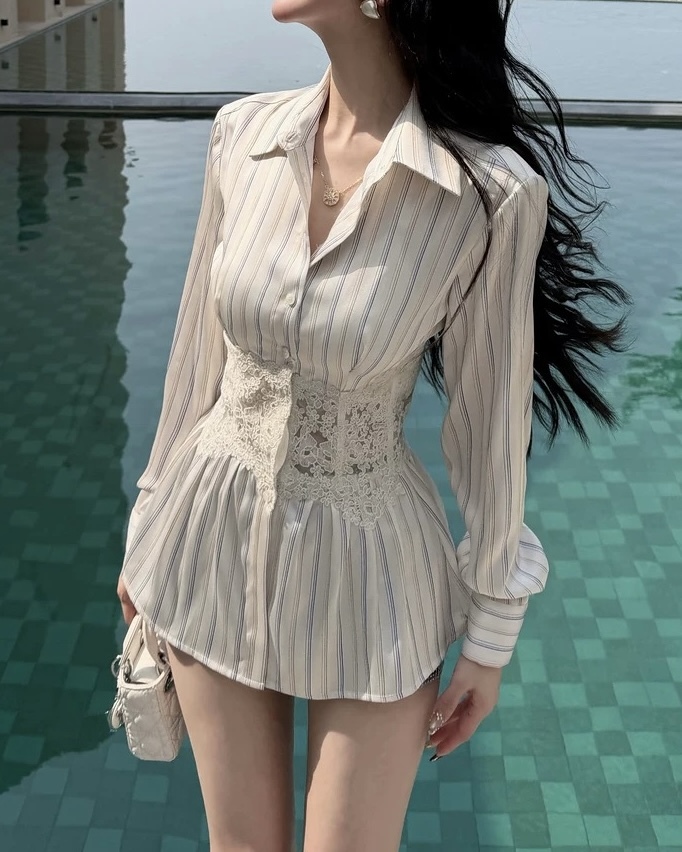 設計師家腰拼接蕾絲馬甲感到長版上衣