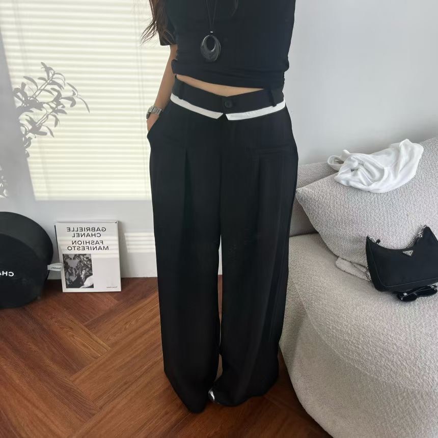 白邊釦西裝寬管休閒長褲