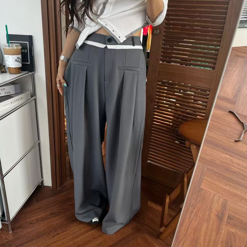 白邊釦西裝寬管休閒長褲