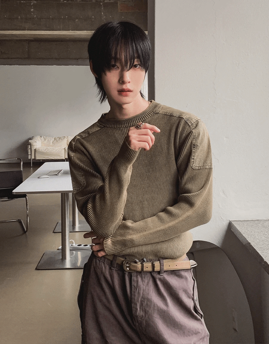 肩部拼接水洗針織衫