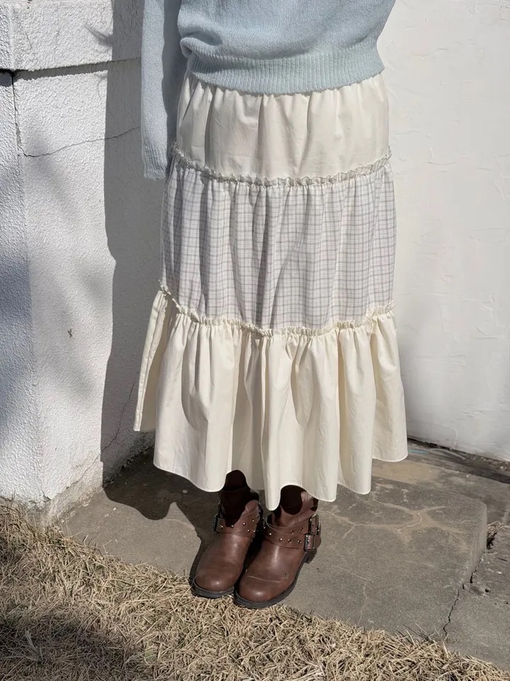 【優惠預訂】韓國拼色格紋荷葉邊長裙（3色）