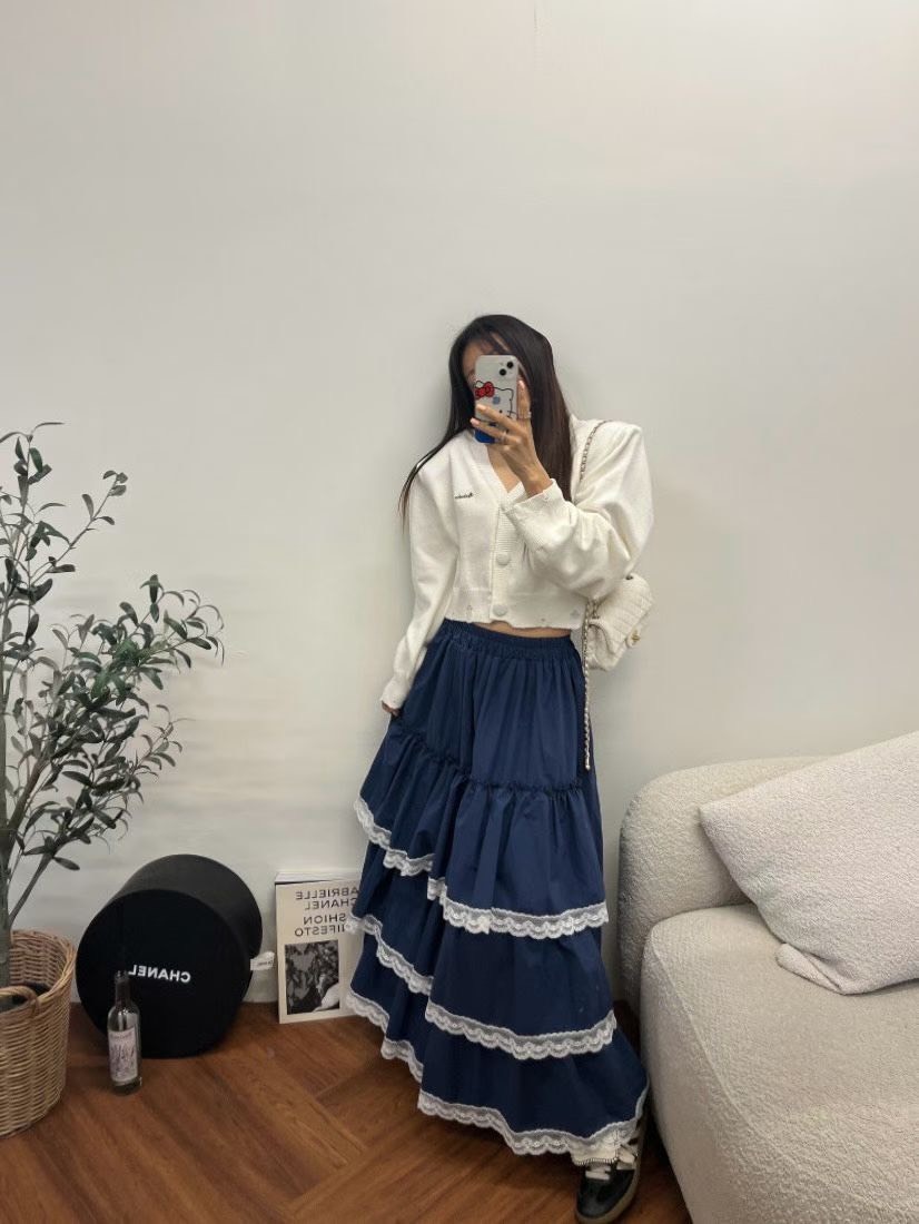 前蕾絲蛋糕長裙