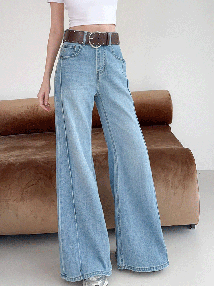 超推！質感軟料車線牛仔寬褲（附皮帶，S-XL）