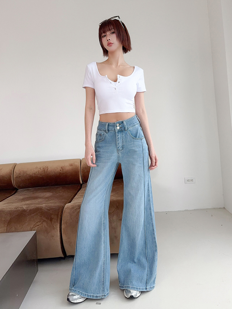 超推！質感軟料車線牛仔寬褲（附皮帶，S-XL）