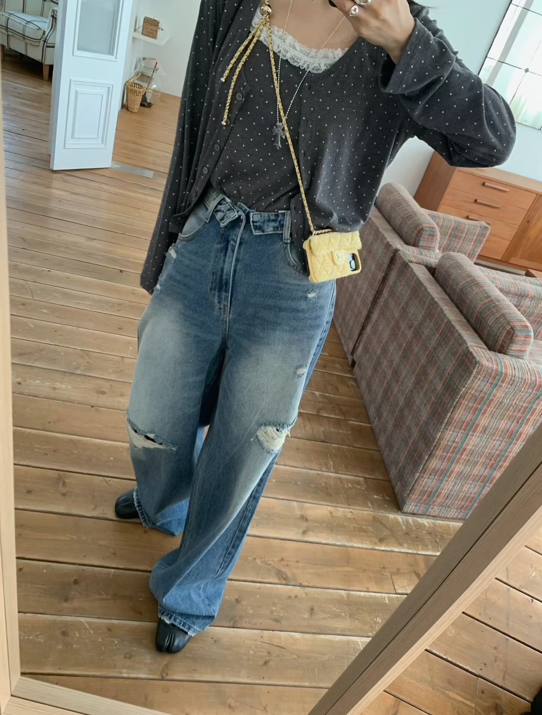 反摺破壞風牛仔寬鬆長褲