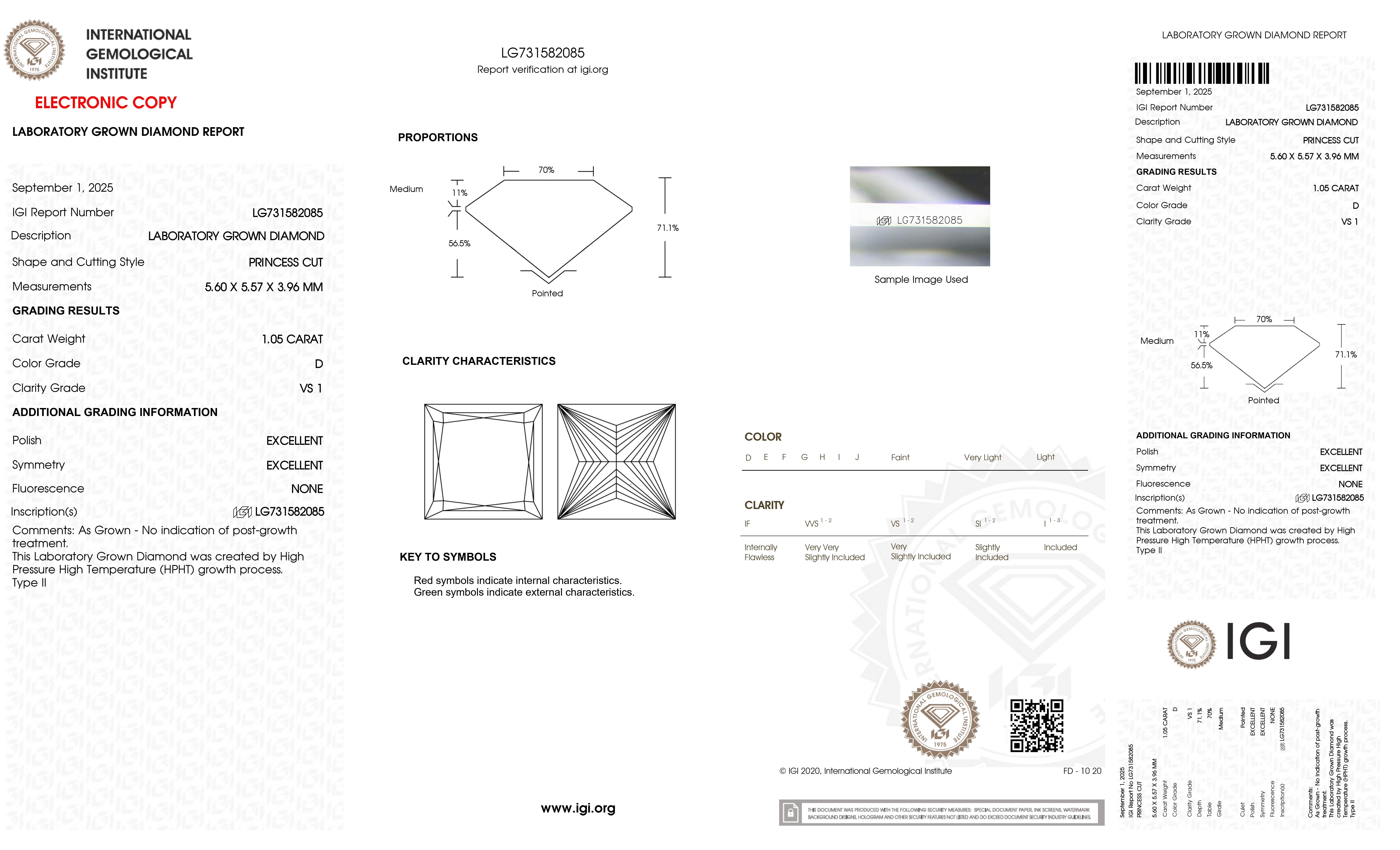 VX020 E020 PRINCESS D Colour 1.05ct VS1 LGLG731582085(Lab Grown Diamond)