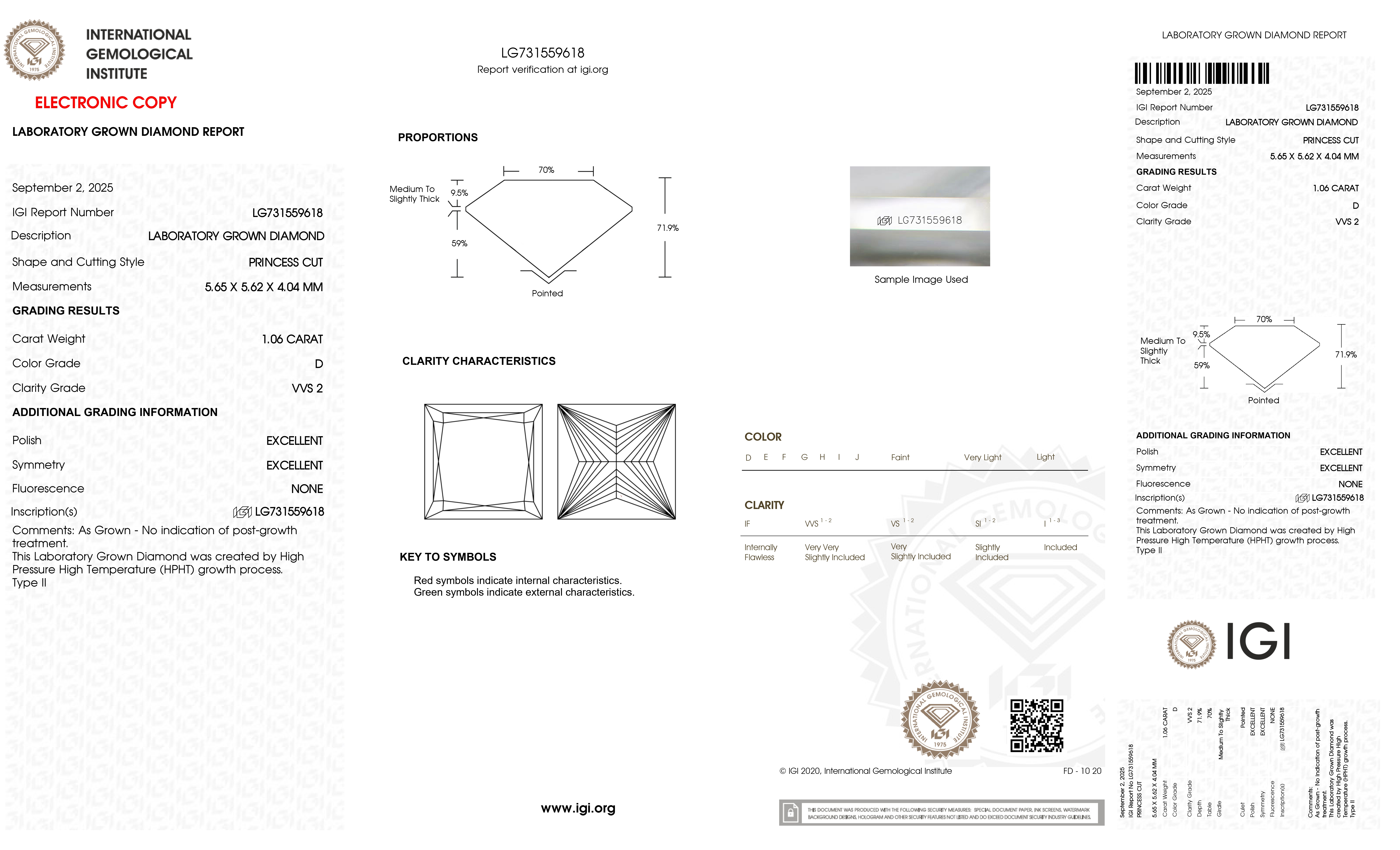 VX022 E022 PRINCESS D Colour 1.06ct VVS2 LGLG731559618(Lab Grown Diamond)