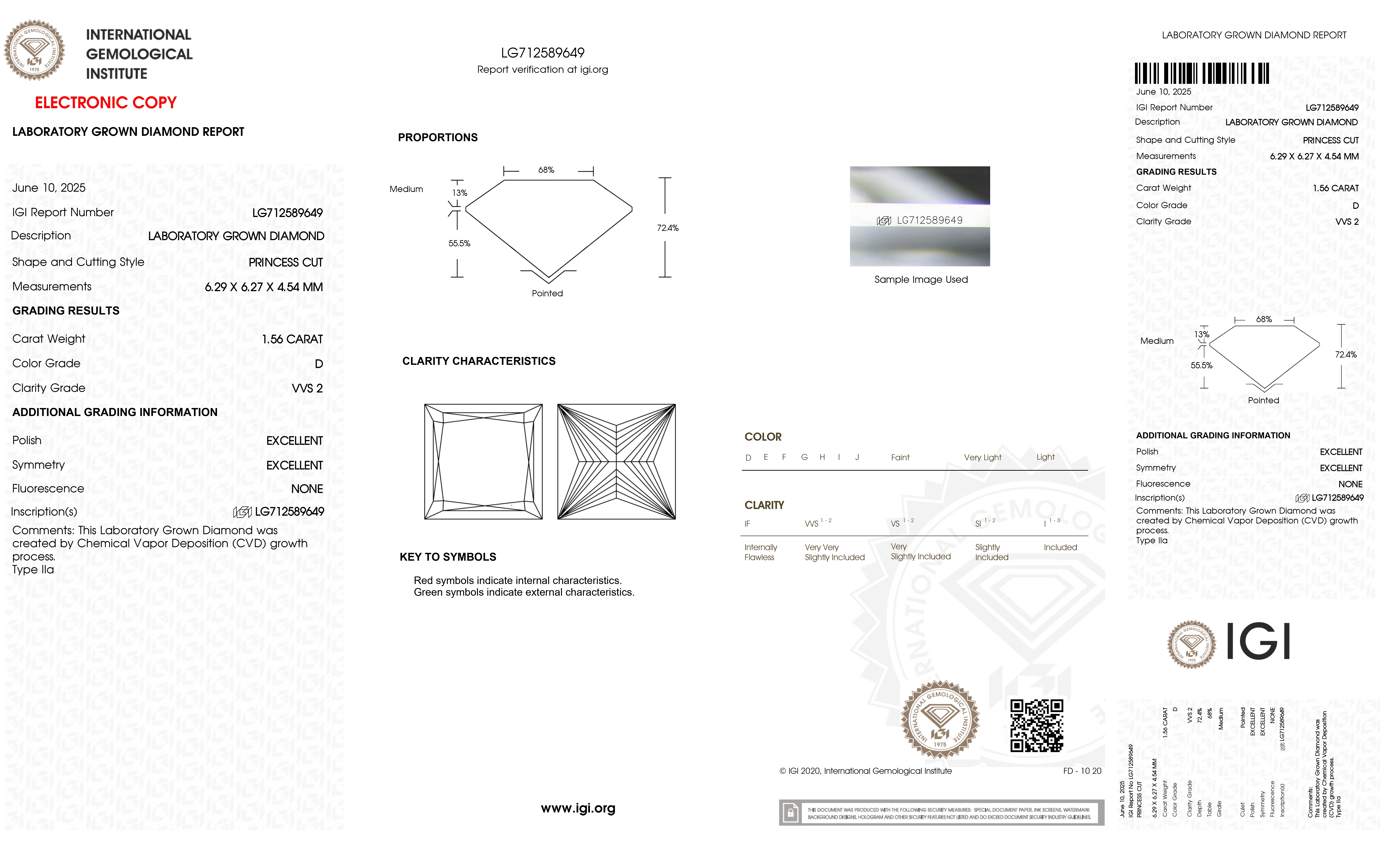 VX023 E023 PRINCESS D Colour 1.56ct VVS2 LGLG712589649(Lab Grown Diamond)
