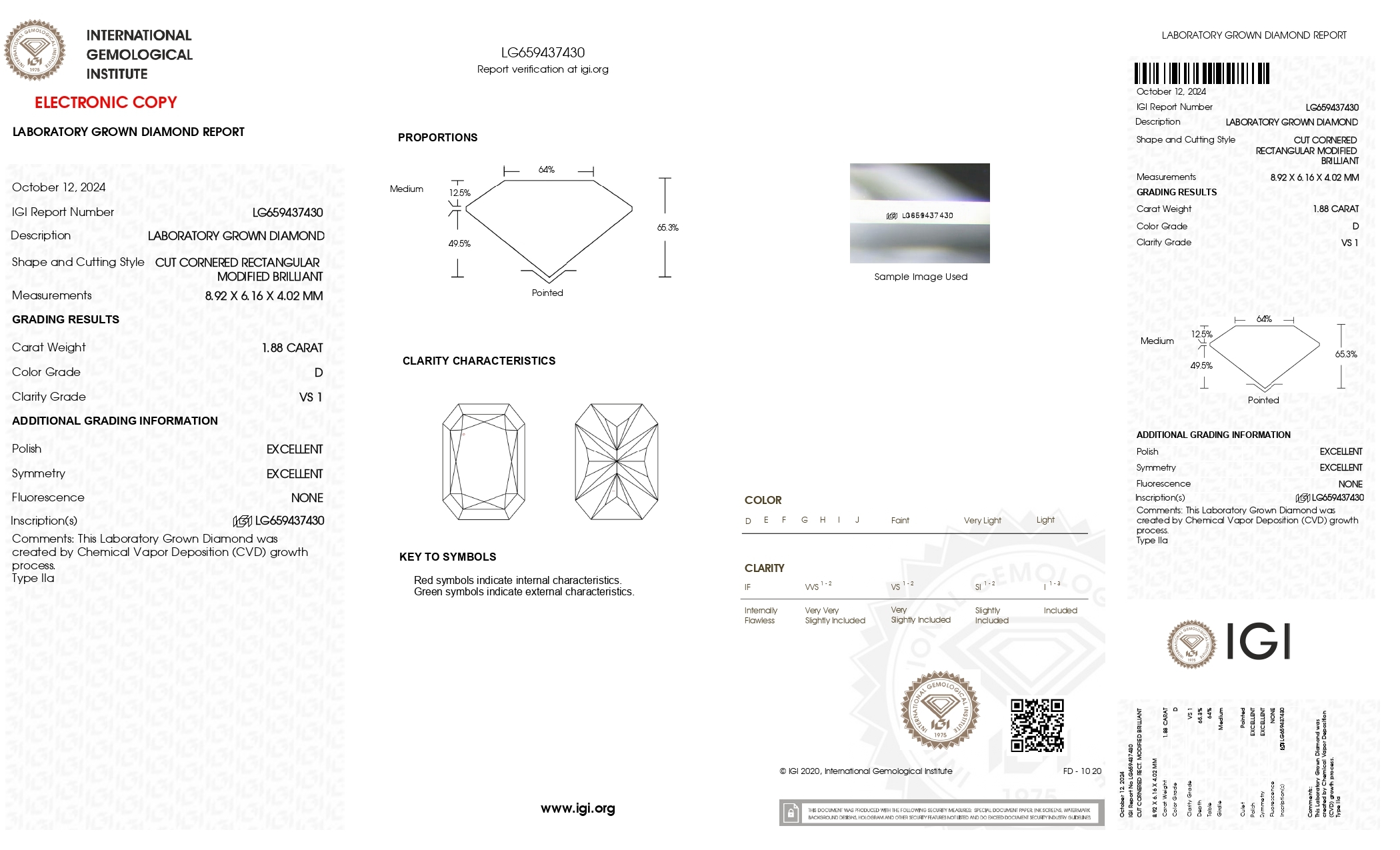 VX032 E032 RADIANT D Colour 1.88ct VS1 LG659437430(Lab Grown Diamond)(可配對E033做耳環)