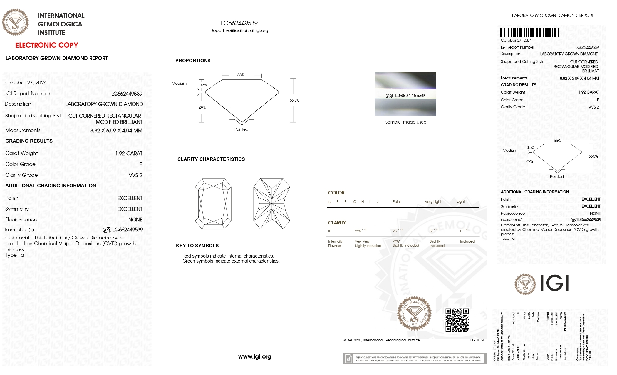 VX034 E034 RADIANT E Colour 1.92ct VVS2 LG662449539(Lab Grown Diamond)(可配對E035做耳環)