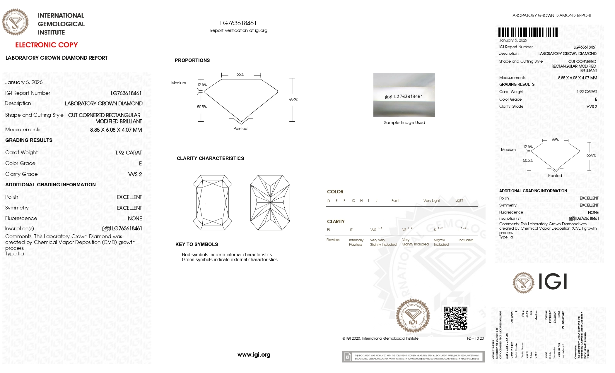 VX035 E035 RADIANT E Colour 1.92ct VVS2 LG763618461(Lab Grown Diamond)(可配對E034做耳環)