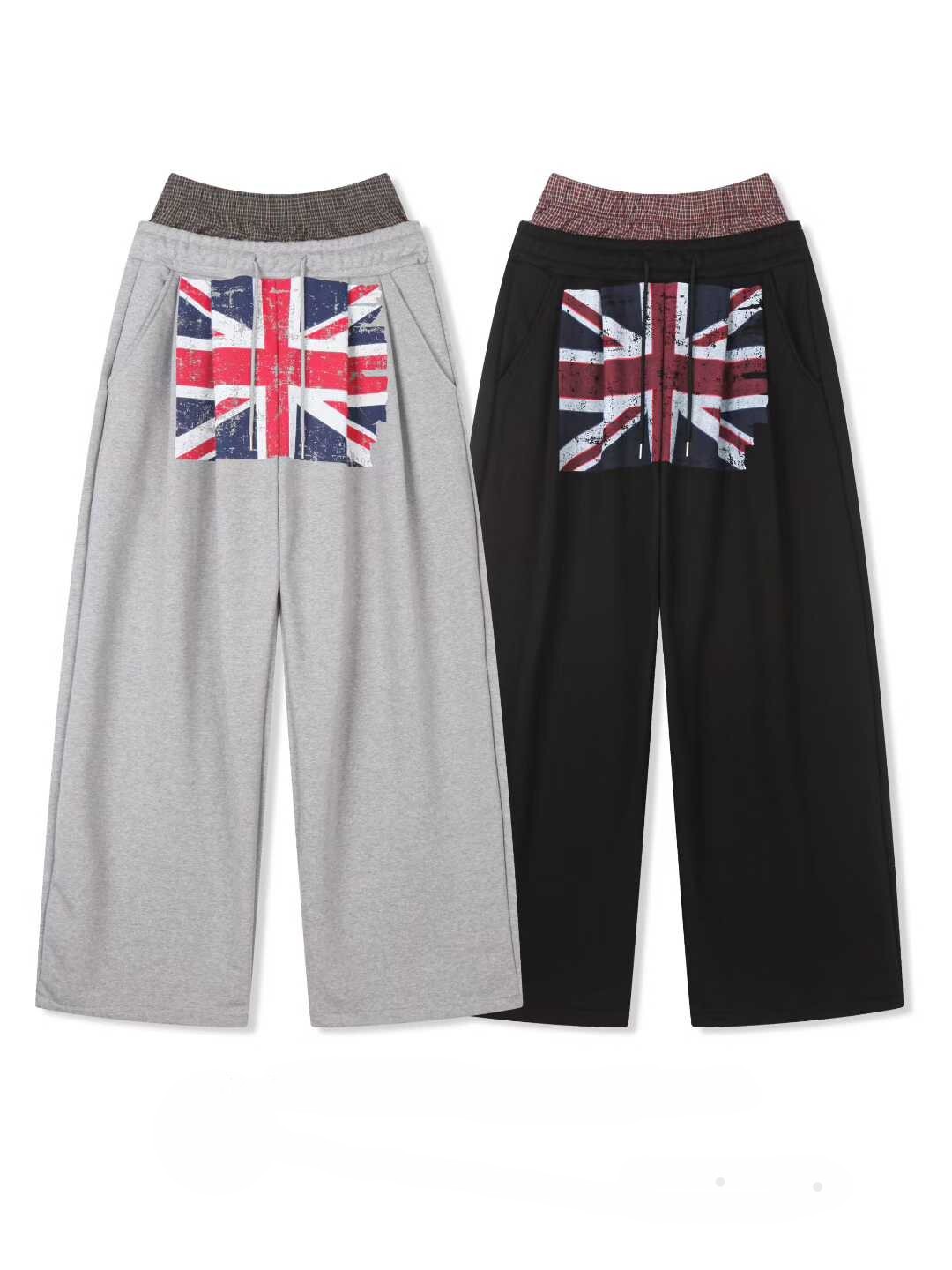 《K》雙腰頭英倫噴漆國旗棉褲