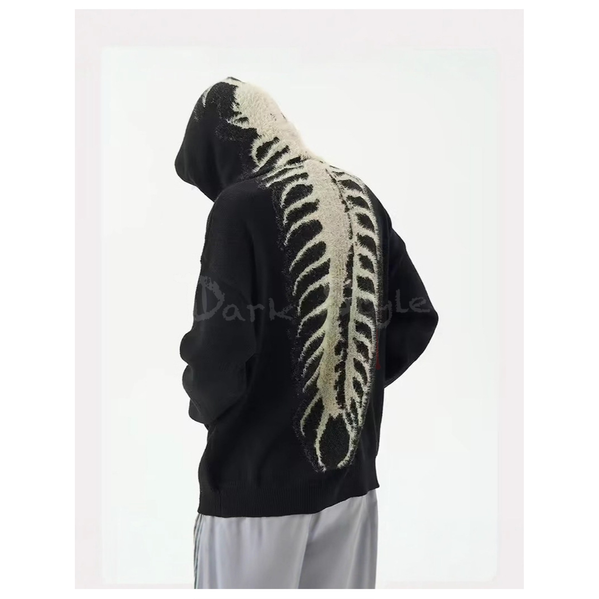 骨-美式 Vibe 慵懶風骨骼針織連帽衛衣－重磅提花、小眾設計感、高街寬鬆廓形針織衫