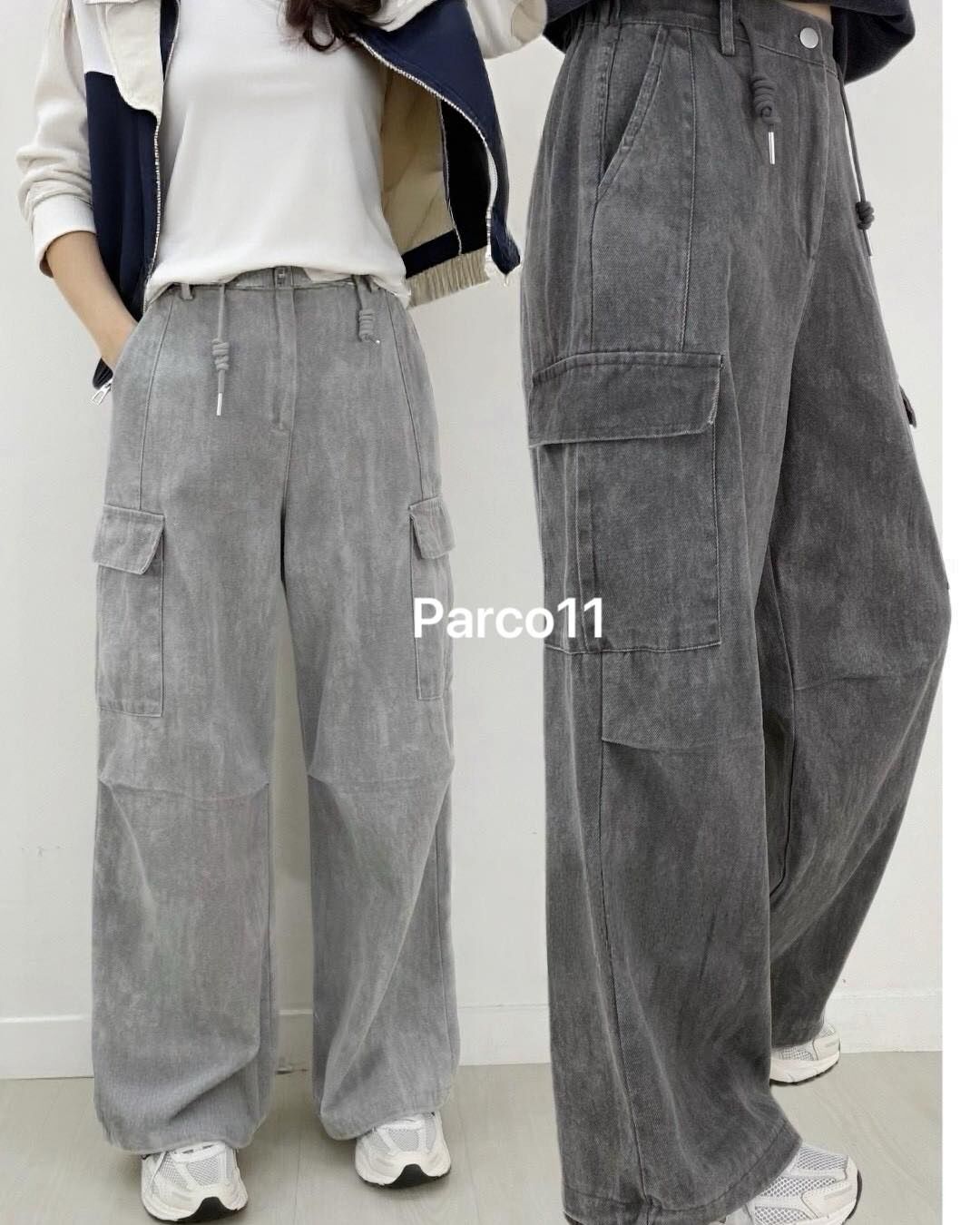 【時髦穿搭必備的雙口袋抽繩水洗牛仔寬褲】（現貨）