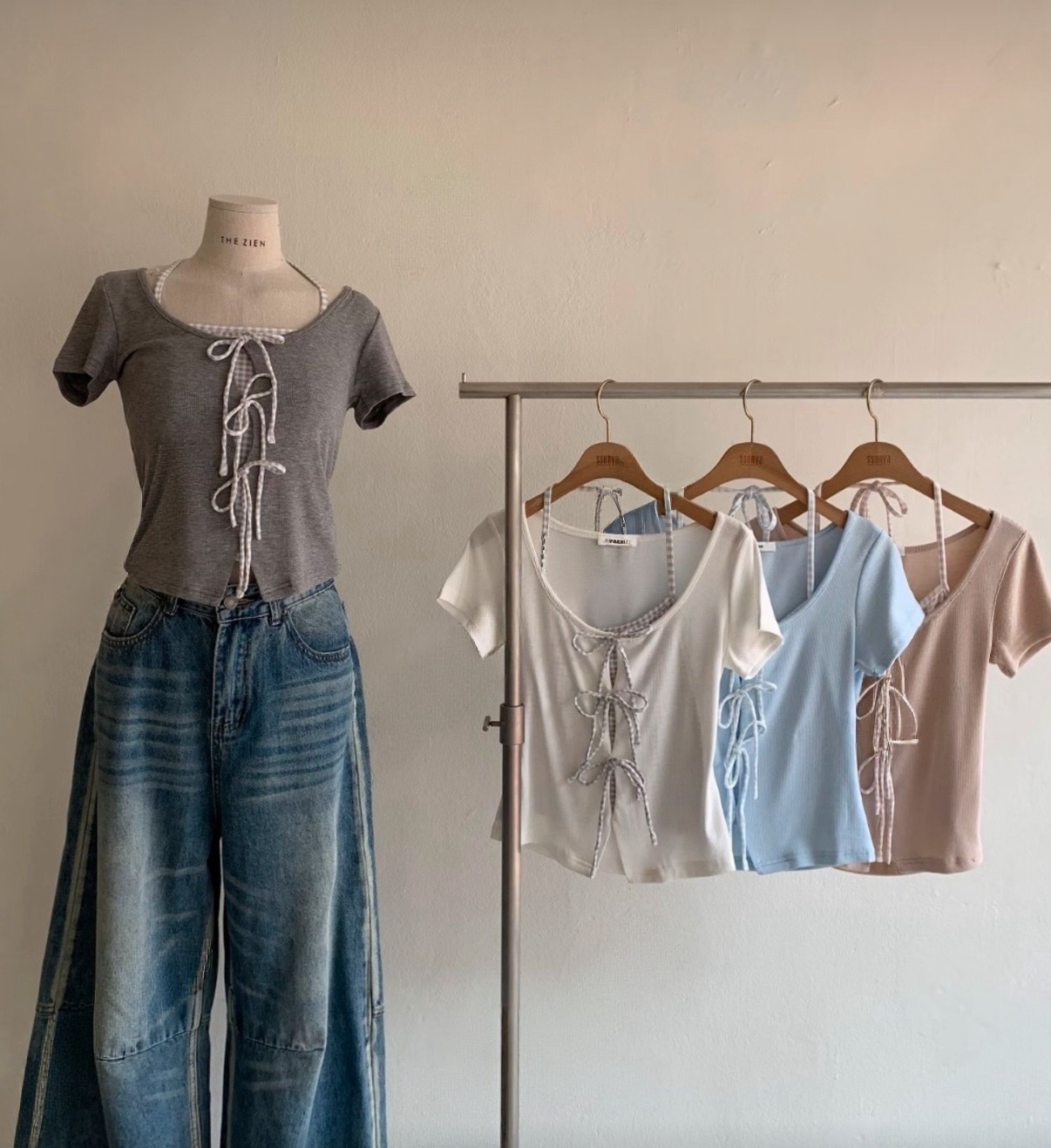 [2026新款] 蝴蝶綁帶格仔假兩件短袖💝