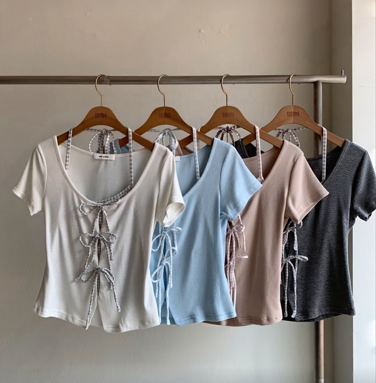 [2026新款] 蝴蝶綁帶格仔假兩件短袖💝