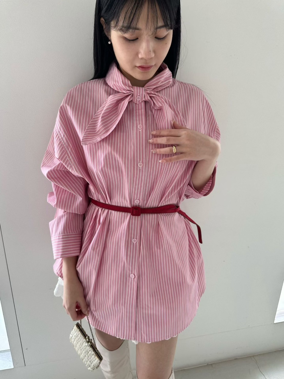 可愛領結直線休閒襯衫